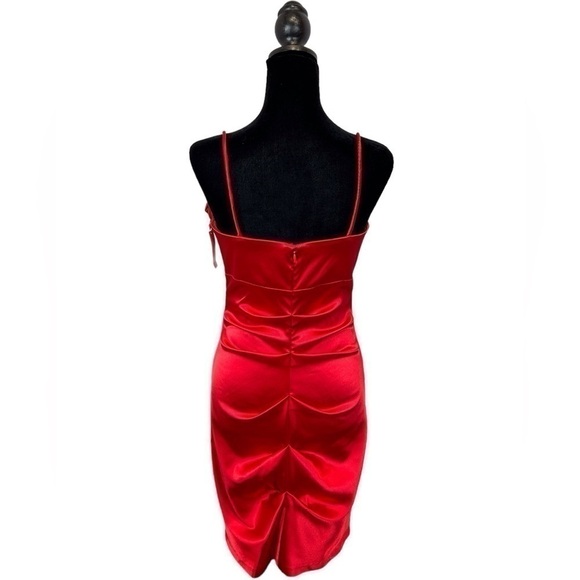 Blondie Nites Red Satin Ruched Rosette Rhinestone Juniors Dress Size-5 NWT - Picture 5 of 12
